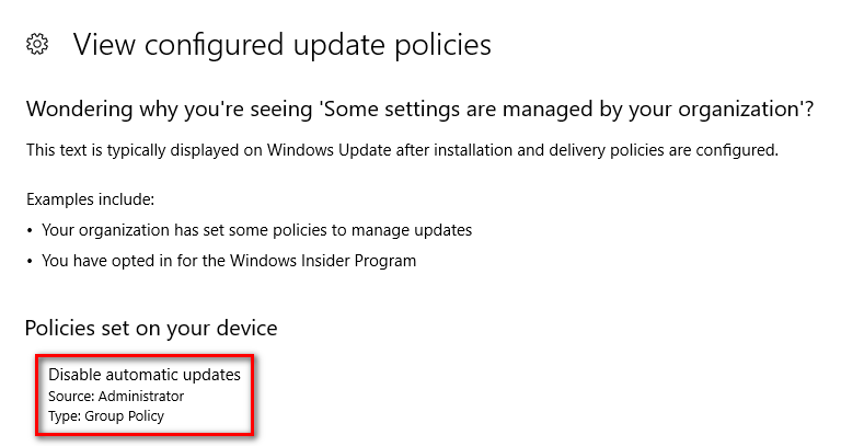 Windows 10 Update Policies with "Disable automatic updates" Highlighted